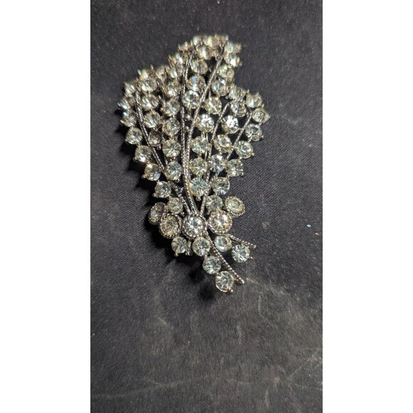 Vintage Rhinestone Leaf Pin Silver-Tone Brooch Jewelry 3" Statement Estate - Picture 4 of 5